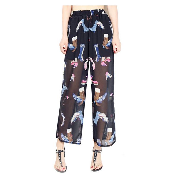 

women wide leg pants summer casual elegant translucent pattern pants women floral printed side slit femme loose, Black;white