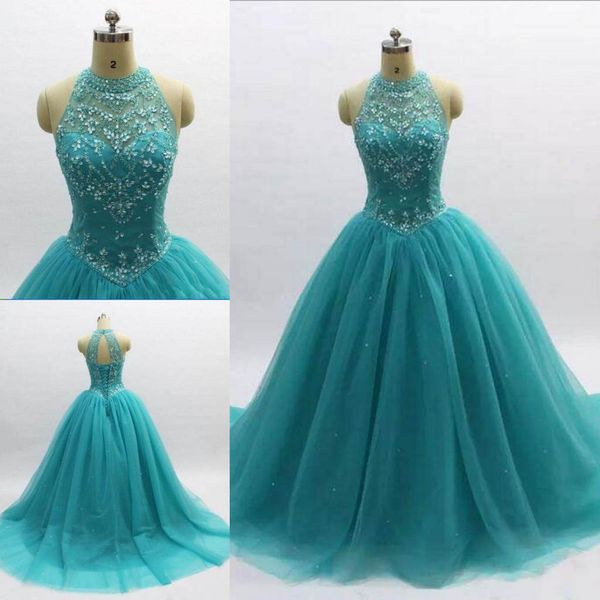 

fashion beaded sequins 2018 quinceanera dress halter sleeveless ball gown back lace charming prom dresses formal evening gowns, Blue;red