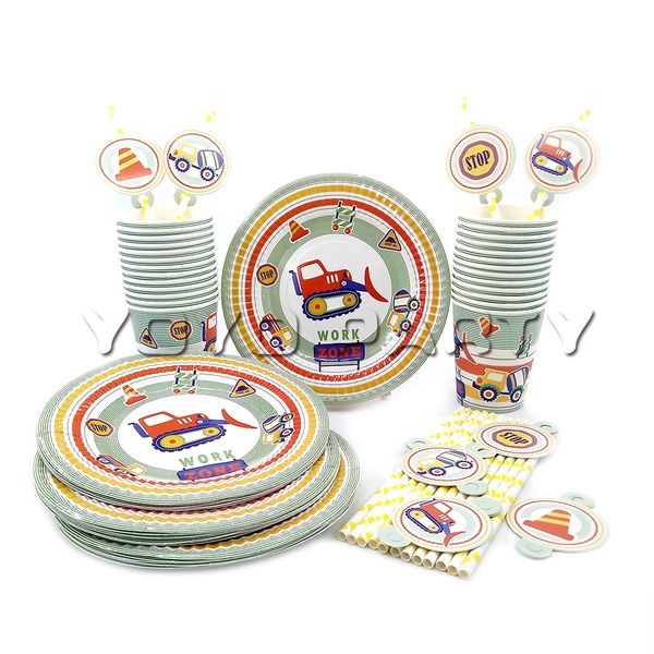 

for 24kids boys construction vehicles party birthday party tableware set, 24pcs dessert plate+24pcs cup+24pcs paper straw