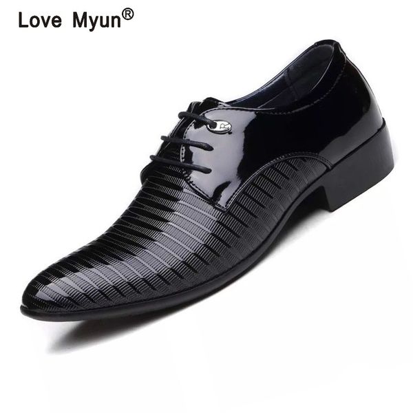 

2018 new fashion men's lace-up oxfords dress shoes mens pu leather business office wedding flats man casual party driving shoes, Black