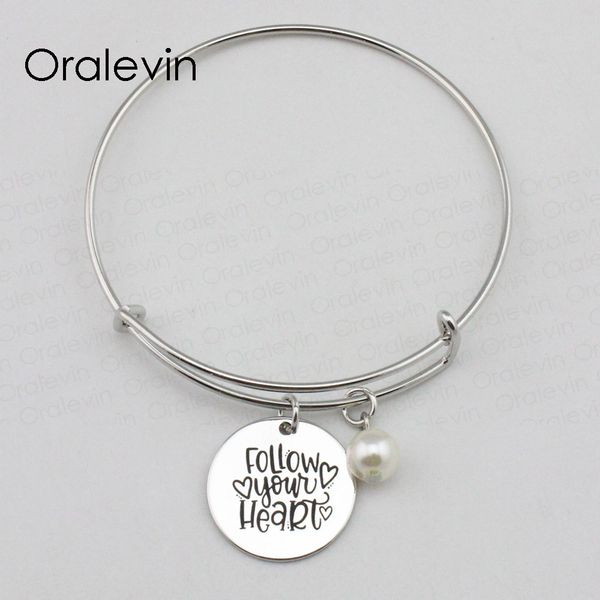 

follow your heart inspirational hand stamped engraved custom pendant expandable wire bracelet gift jewelry,10pcs/lot, #ln2284b, Black