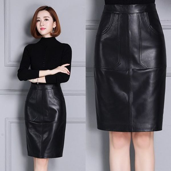 

long high waist wrap hip leather skirt, Black