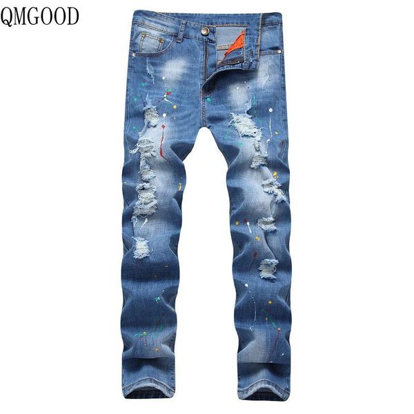 

qmgood 2018 new spring and autumn jeans men's skinny biker jeans men blue ripped hole fashion trousers brand clothing pants male
