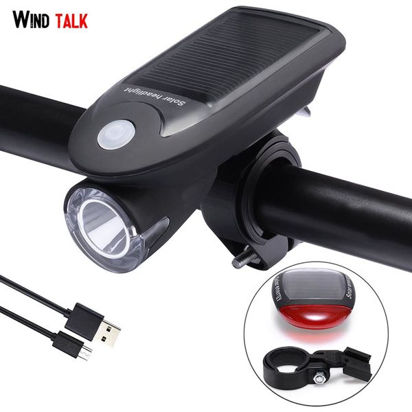 

wind talk solar power waterproof 350 lumen bycicle light usb rechargeable led lamp headlights with solar cycling taillight set