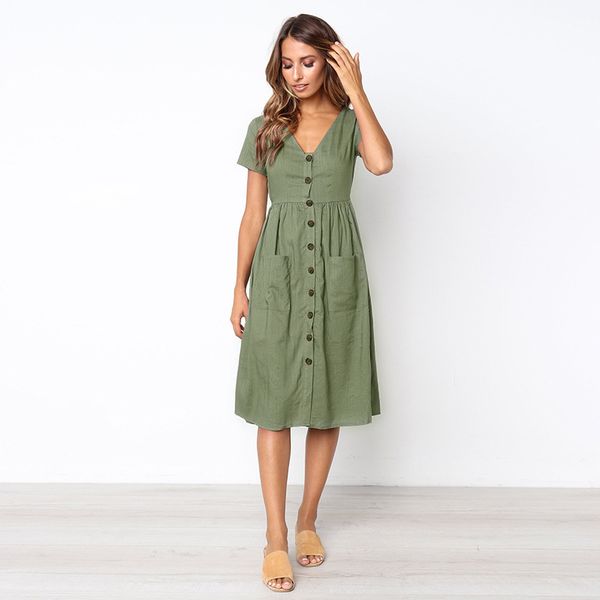 

single-breasted women summer dress casual v-neck elastic waist short sleeve female dresses pockets button a line vestidos, Black;gray