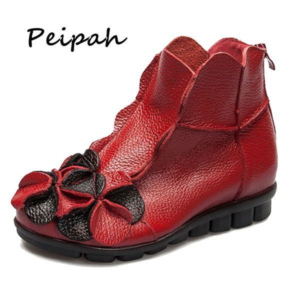 

peipah sell vintage handmade women boots genuine leather flowers women autumn winter shoes ankle boots botas mujer, Black