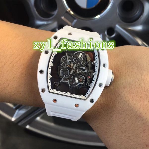 

Top Quality Luxury Men's Watch Ceramic Bezel White Rubber Strap Watch Hollow Automatic Mechanical Watch Free Shipping