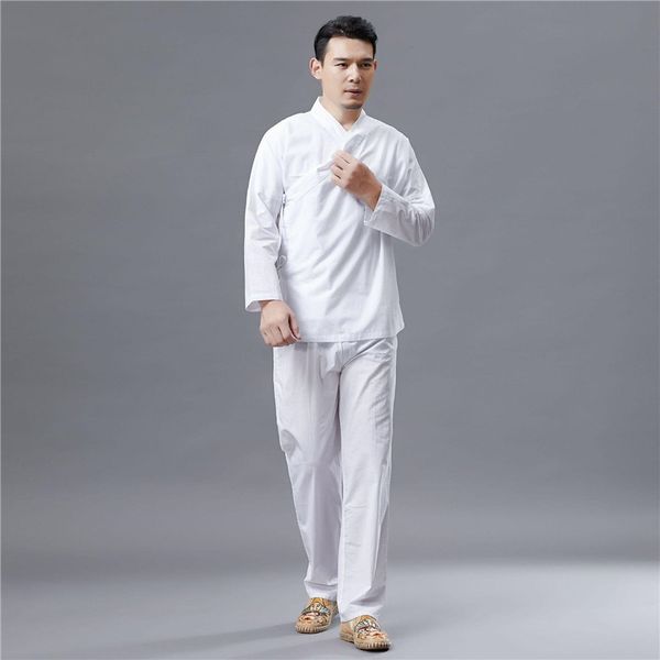 Retro-Hanf-Baumwolle im chinesischen Stil für Herren, Weiß, verbesserte Han-Anzüge für Herren, tägliche Kleidung mit langen Ärmeln, kreativer Stil, Leinenjacke + Hose