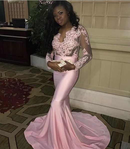 

pink mermaid black girl long prom dresses 2017 long sleeves v neck sheer bodice african prom party gowns jersey custom made new