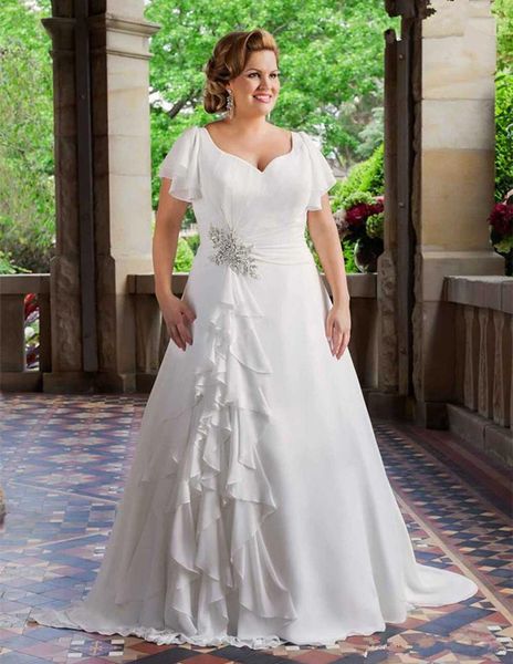 

plus size chiffon wedding dresses 2019 selling new custom sweep train v-neck beads crystal cap sleeve ruffled a-line bridal gowns w060, White