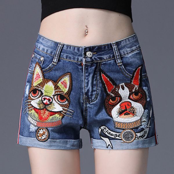

embroidery animal dog jean shorts women summer casual mid waist denim shorts korean style sexy ripped hole jean 8805-1, White;black
