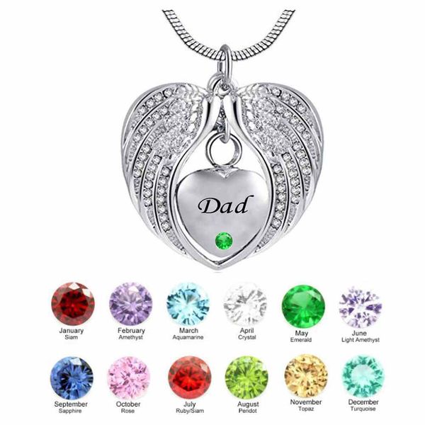 Creativity DAD Wing Heart birthstone Cremation Urn Collana per ciondolo commemorativo per gioielli in urna di ceneri