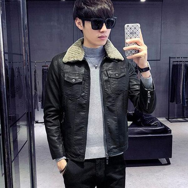 

men autumn winter fashion boutique business korean version of europe and the united states trim mao collar pu leather coat l-4xl, Black