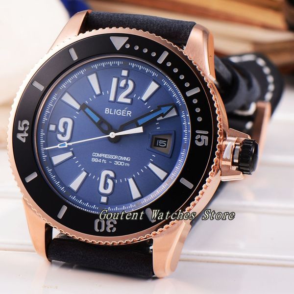 

43mm bliger rose gold case blue dial leather strap automatic movement men's watch, Slivery;brown