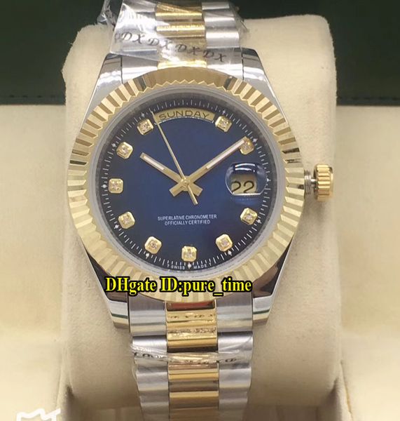 

day-date 218238 diamond blue dial asian 2813 automatic mens watch sapphire glass two tone gold steel band gents watches, Slivery;brown