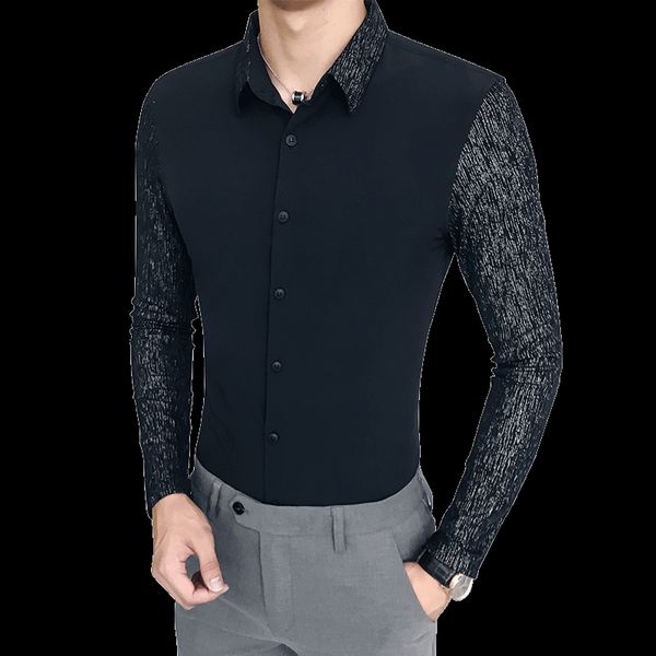 

solid men shirt simple casual business dress shirts formal wear shine long sleeve patchwork social male, White;black