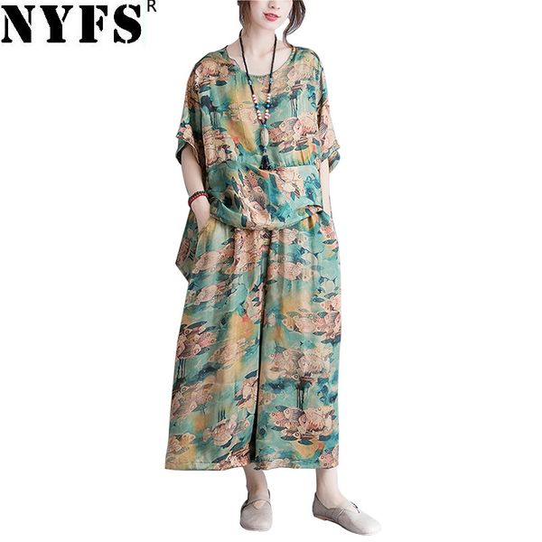 

nyfs 2018 new summer polyester women set printing loose irregular hem +straight pants 2 piece set women suit, Gray