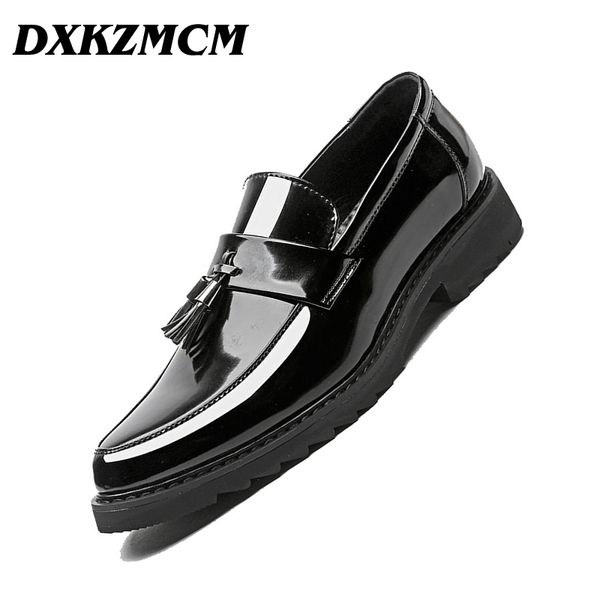 

dxkzmcm handmade men dress loafers microfiber leather formal business oxfords shoes men's flats for party, Black