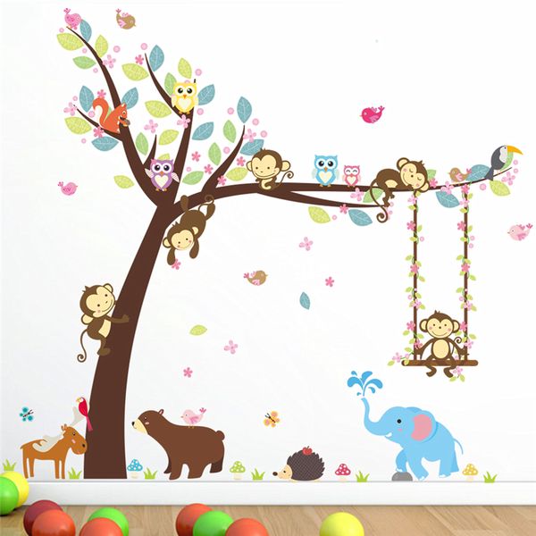 

Cartoon Animals Tree Wall Stickers for Kids Room Decor Nursery Monkey Elephant Owlets Safari Mural Art Diy Children Home Decals