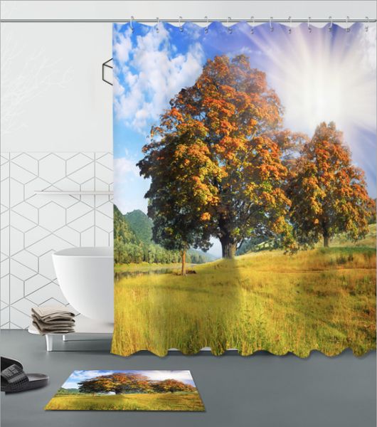 

prairie landscape 3d pattern print custom waterproof bathroom modern shower curtain polyester fabric bathroom curtain door mat sets