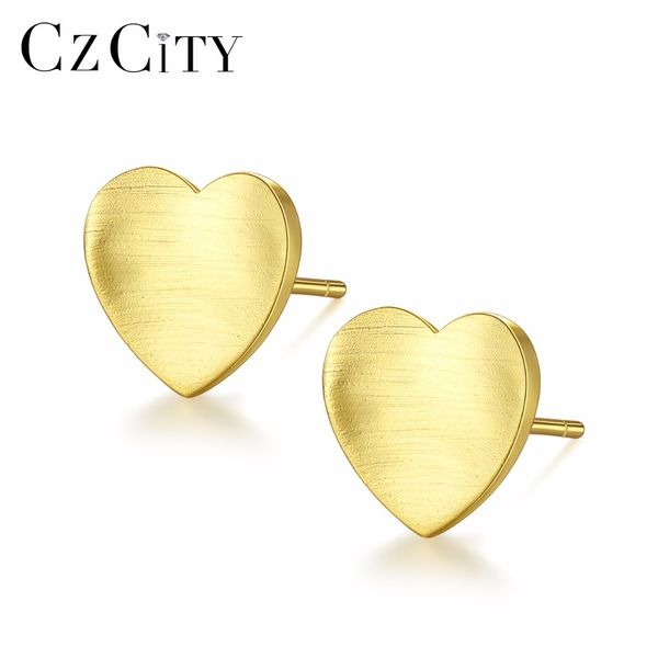 

czcity 925 sterling silver stud earrings for women minimalist brushed women heart earring brincos para as mulheres fine jewelry, Golden;silver