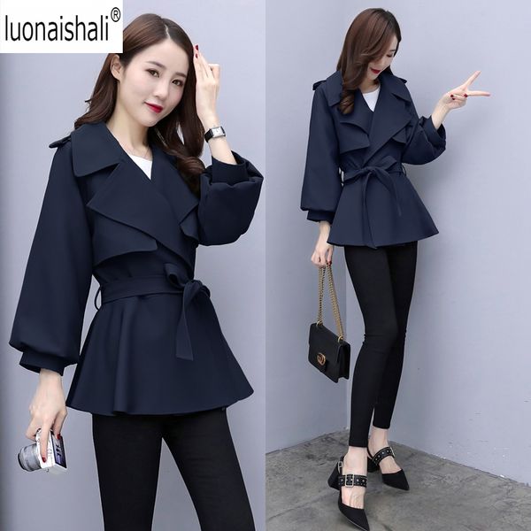 

autumn winter women regular trench coats womens 2018 new fashion spliced lantern sleeve belted outfits windbreaker, Tan;black