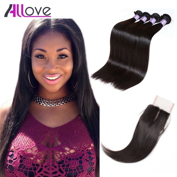 

allove 8a peruvian virgin extensions wefts straight human hair bundles with 4x4 lace closure brazilian wholesale for women all ages 8-28inch, Black