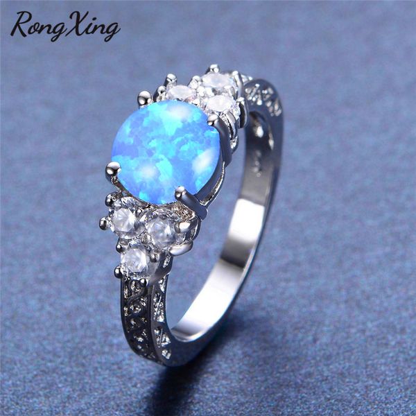 

rongxing 925 sterling sier filled white/blue fire opal rings for women 8mm round birthstone ring white zircon jewelry rp0205, Golden;silver