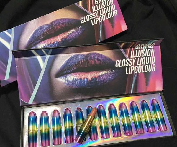

Hot makeup Matte Lipstick GRAND ILUSION LIQUID LIPCOLOUR 12colors LIPs lips lips Lipstick High-quality DHL shipping 2018 New