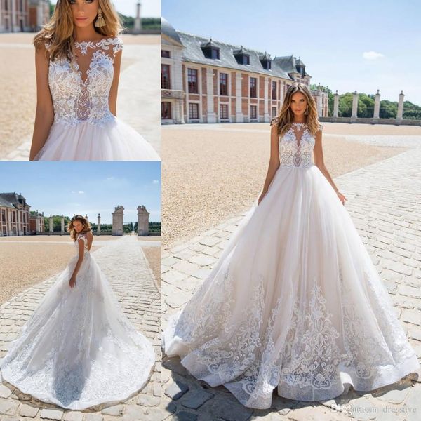 

julie vino 2019 sheer backless wedding dresses a line illusion appliques cap sleeves sweep train bridal gowns custom made, White