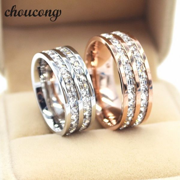 Choucong Largura Da Jóia 8mm casal Banda anel princesa corte de Aço Inoxidável de Diamante de Noivado Do Partido de Casamento para As Mulheres homens