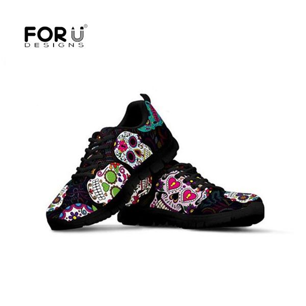 

forudesigns sugar skull printing fashion sneakers women flat shoes lace-up mesh breathable classic nurse shoes sapato feminino, Black