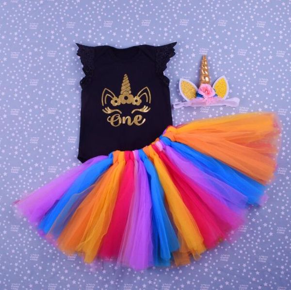 

baby girls unicorn printed outfits cartoon headband+romper+rainbow tutu skirts 3pcs/set 2018 boutique kids clothing sets 2 colors by0177, White