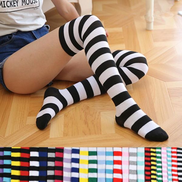 

fashion cute women girls kawaii lolita cotton long striped thigh high stocking anime cosplay over knee socks, Silver