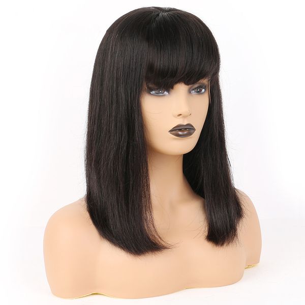 

Short Bob Front Lace Human Hair Wigs 250% Density With Thick Bangs Natural Color Glueless Wigs For Woman