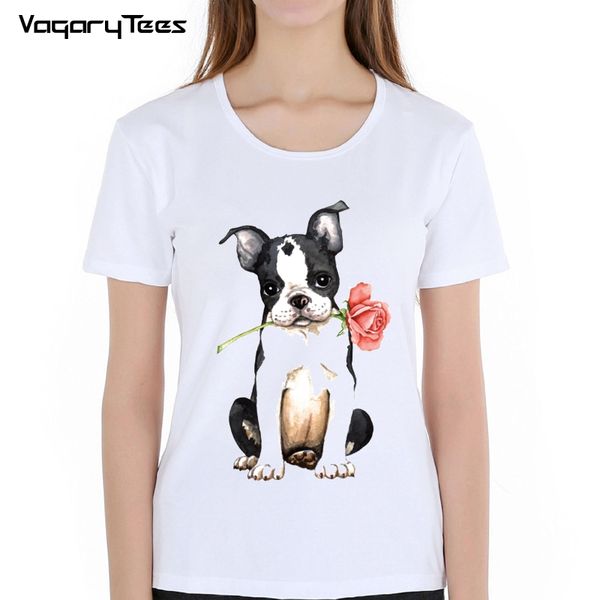 

valentine rose maiden pug t-shirt summer hipster women t-shirt funny boston terrier/black dog/schnauzer design sweet, White