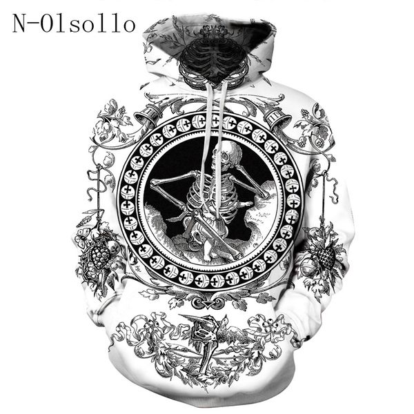 

n-olsollo black/white skull gothic hoodies 3d animals horse/lion/zebra fashion women hooded sweatshirts full sleeve pullovers