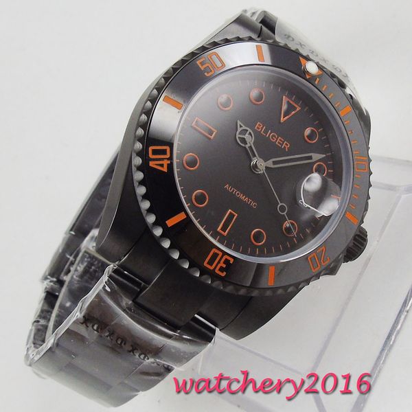 

40mm bliger black dial ceramic bezel sapphire glass pvd case orange marks automatic movement men's watch, Slivery;brown