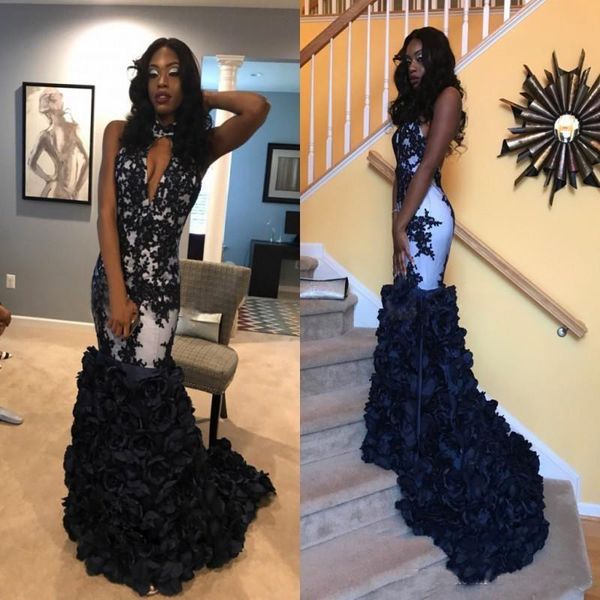 

black and white appliques 3d flowers mermaid prom dresses 2018 popular halter keyhole neckline open back african arabic evening gowns