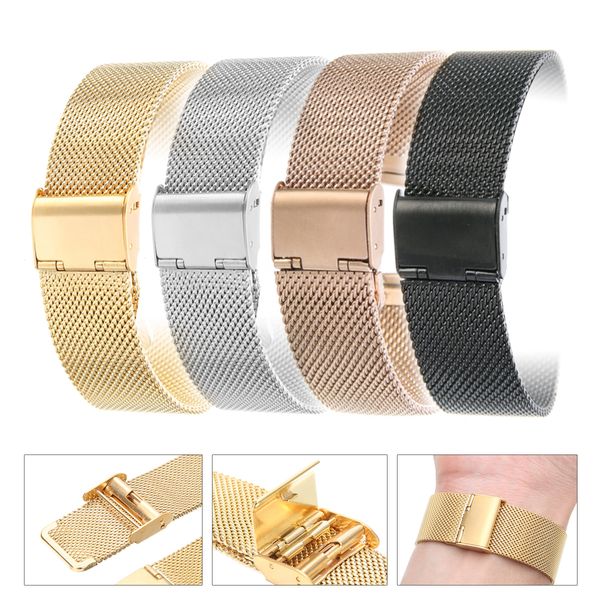 

12mm/14mm/16mm/18mm/20mm/22mm/24mm stainless steel watch strap straight end bracelet mesh buckle watch band 4 colors shellhard, Black;brown