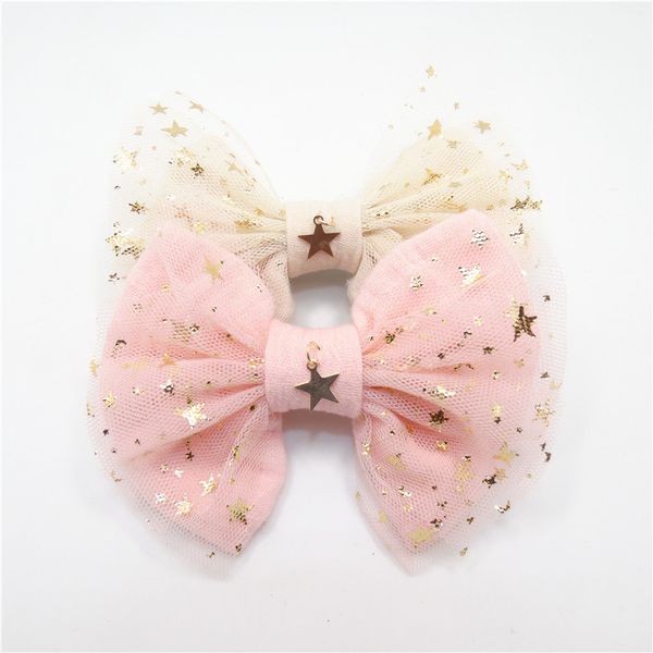 10pcs/lot Fairy Girl Hair Bow Clip Gold Copper Star Pendant Light Pink Glitter Star Tulle Bow Knot Barrette Sweet Hairpin