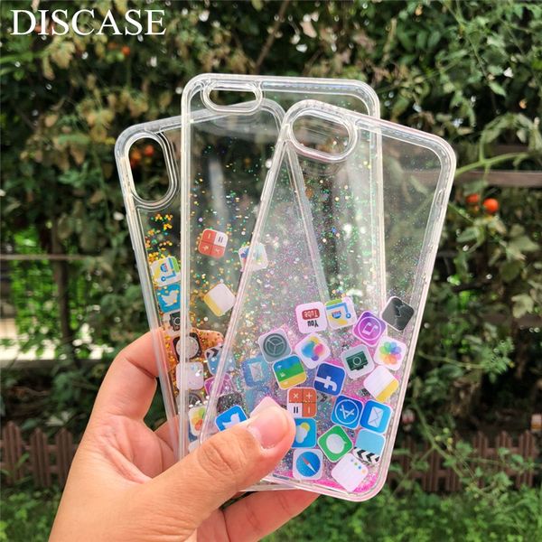 

new discase stylish funny mobile application icons phone case for iphone x 8 7 6 6s plus flashing dynamic liquid quicksand back case