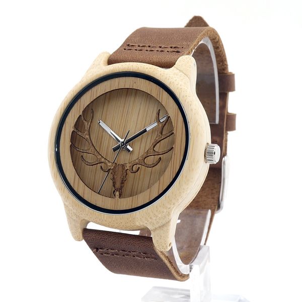 

2016 deer head design bamboo wooden quartz watches men women luxury retro genuine leather wristwatch, Slivery;brown