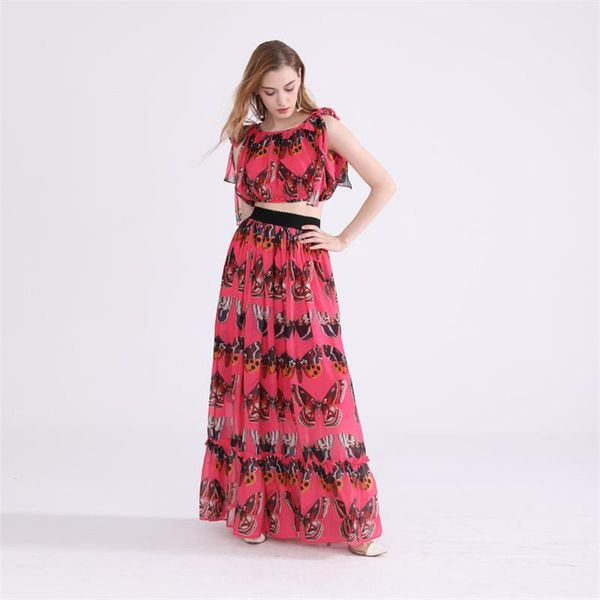 

runway set 2018 women clothes sets summer butterfly printed + high waist skirt npd0798, White