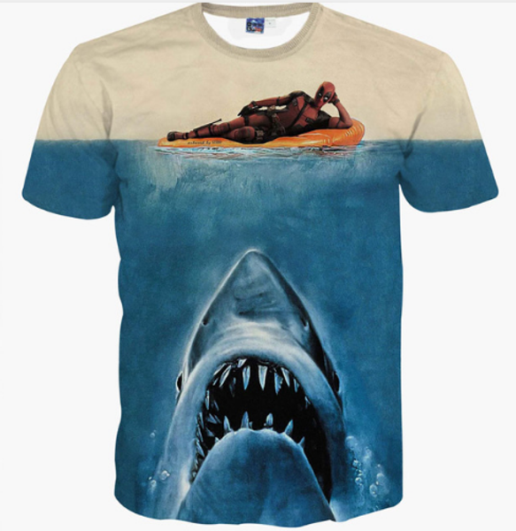 

new arrival men/women deadpool t-shirt with shark head blue animal short sleeve t-shirt summe style hip hop casual t-shirt s-xxxxxxl u39, White;black