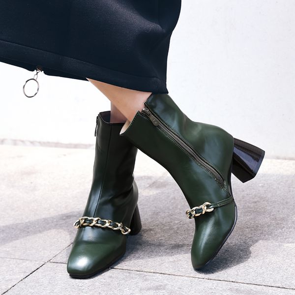 

female pu leather ankle boots hoof heels bootie square toe zipper fashion ladies shoes beige black green