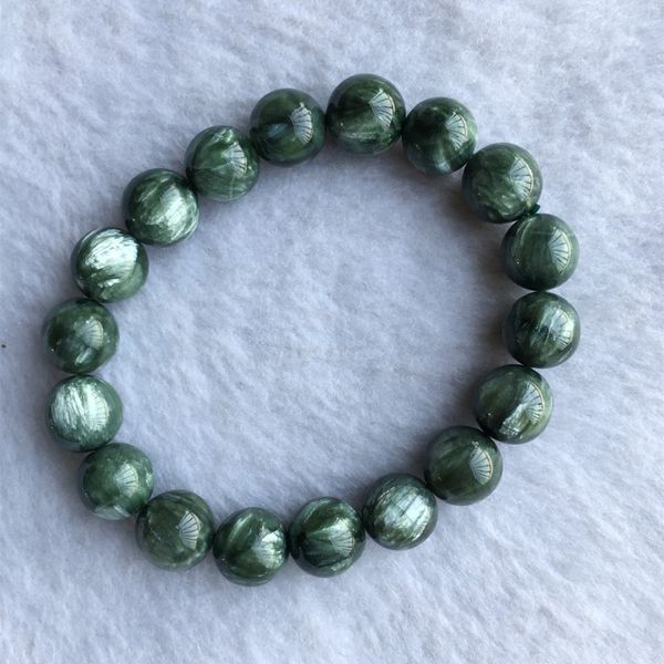 

natural genuine green seraphinite stretch finish men's bracelet round beads 12mm 05153, Black