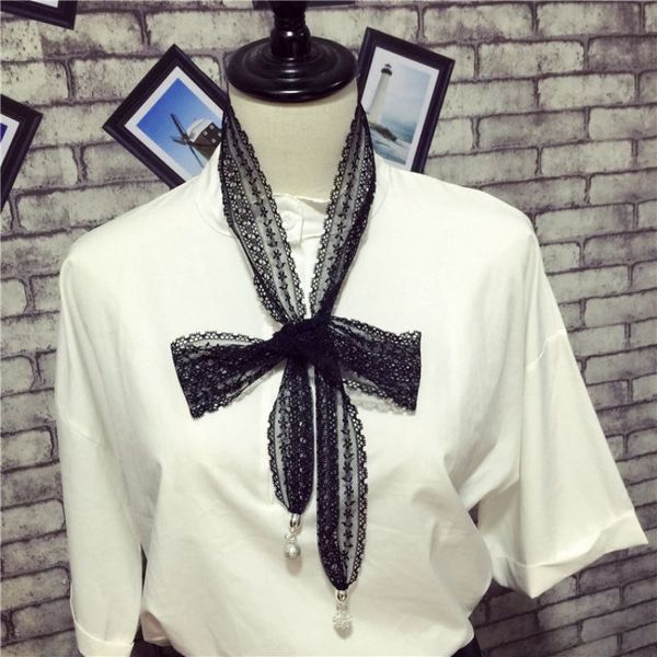 

fashion design long lace scarves clothing accessories with pearl pendant scarves grace women cravat white and black neckerchief wholesale, Blue;gray
