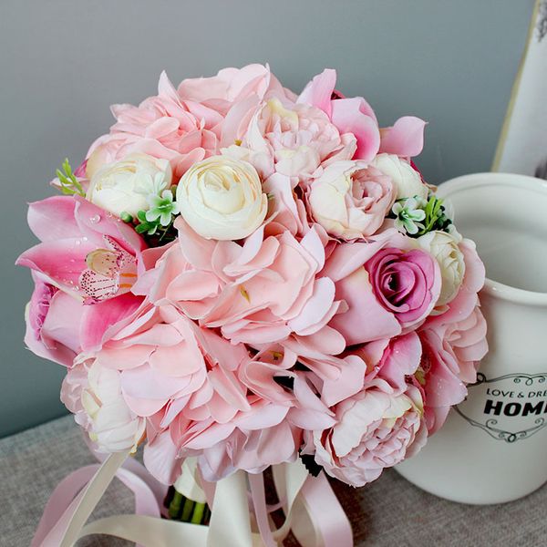 26cm Pink Silk Wedding Bridal Bouquet Artificial Rose Hydrangea