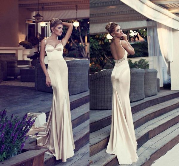 

Glamorous Champagne Mermaid Evening Dresses Spaghetti Straps Backless Court Train Beads Elastic Satin Long Porm Dresses Formal Wear